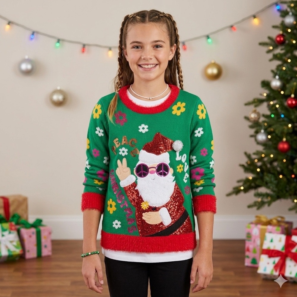 New Holiday Time Girls Large 10-12 Christmas Sweater Groovy‎ Santa Peace Love